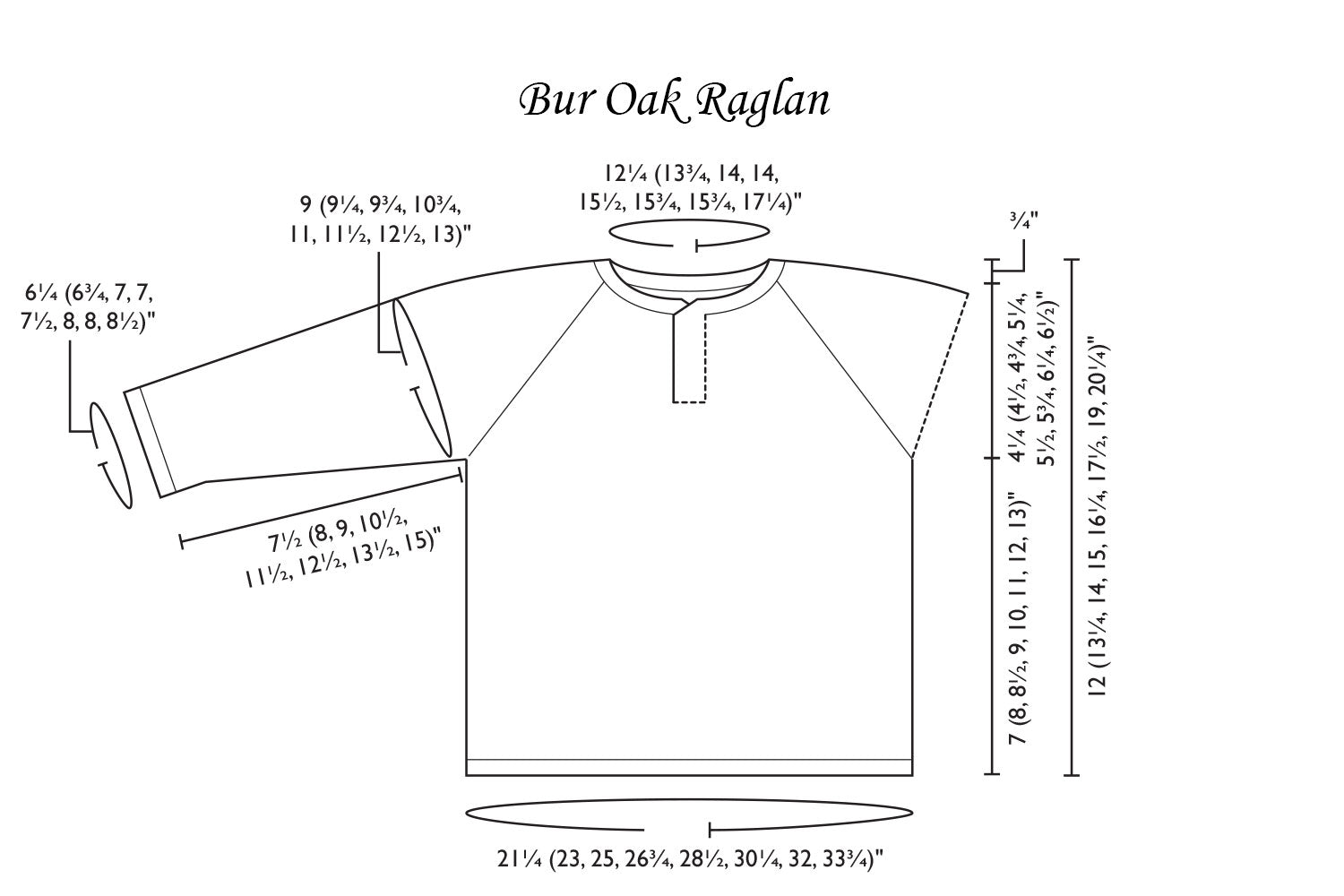 Detailed schematic line drawing with dimensions for sweater