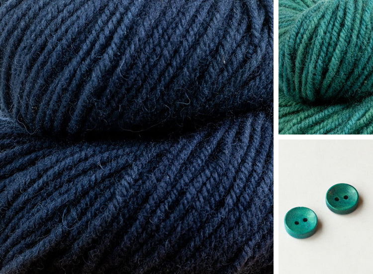 Collage showing Dusk and Early Morning Rain (dark blue + turquoise) colour combination with turquoise buttons.