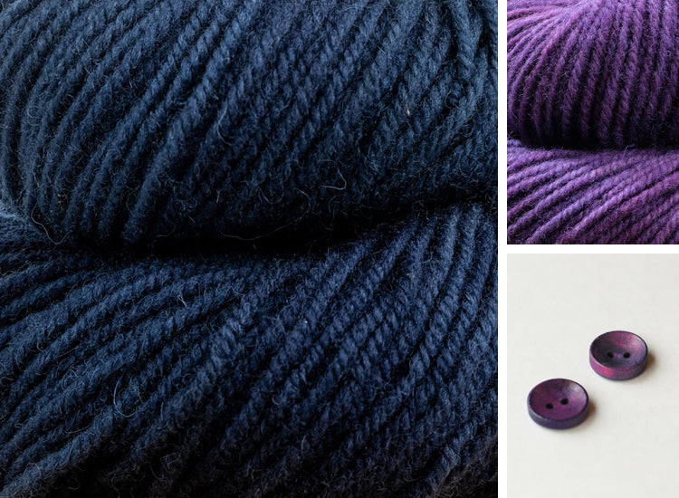 Collage showing Dusk + Wizard (dark blue and purple) colour combination with  purple buttons.