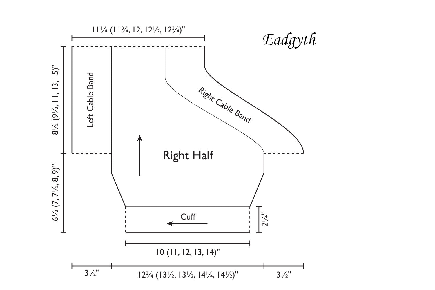 Detailed schematic line drawing with dimensions for shrug pattern