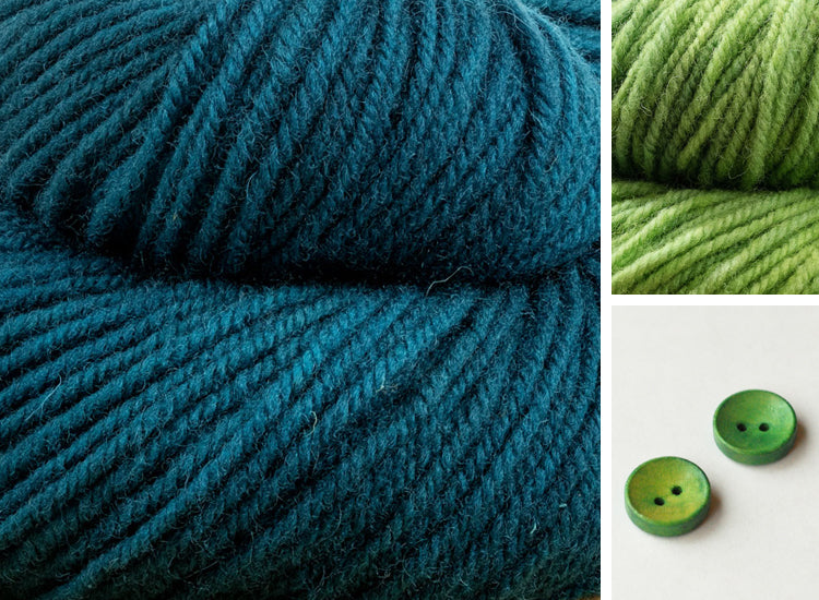 Collage showing Enchanted River + Celery (Teal and bright green) colour combination with green buttons.