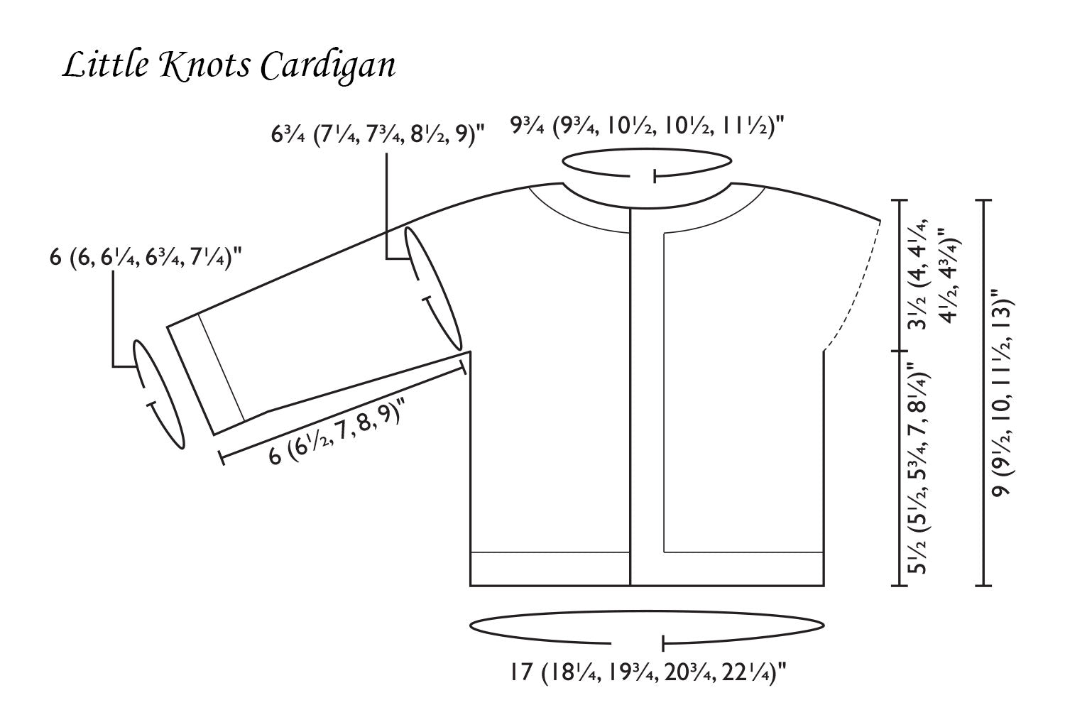 Detailed schematic line drawing with dimensions for baby cardigan
