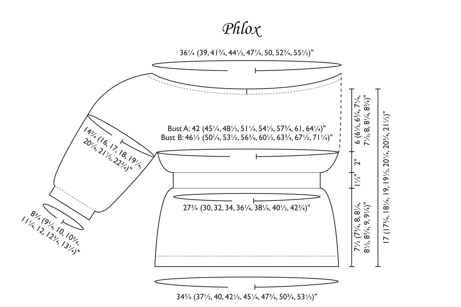 Detailed schematic line drawing with dimensions for Phlox