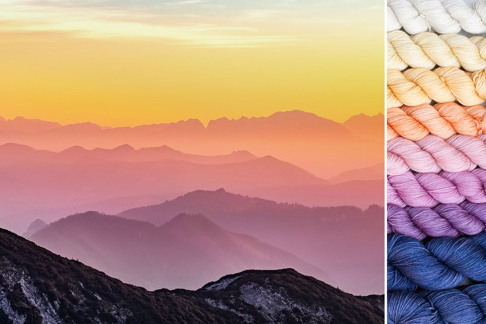 Collage with inspiration image (dark mountains in the foreground and a purple sunset over distant peaks) and matching gradient set for mountain musings MKAL