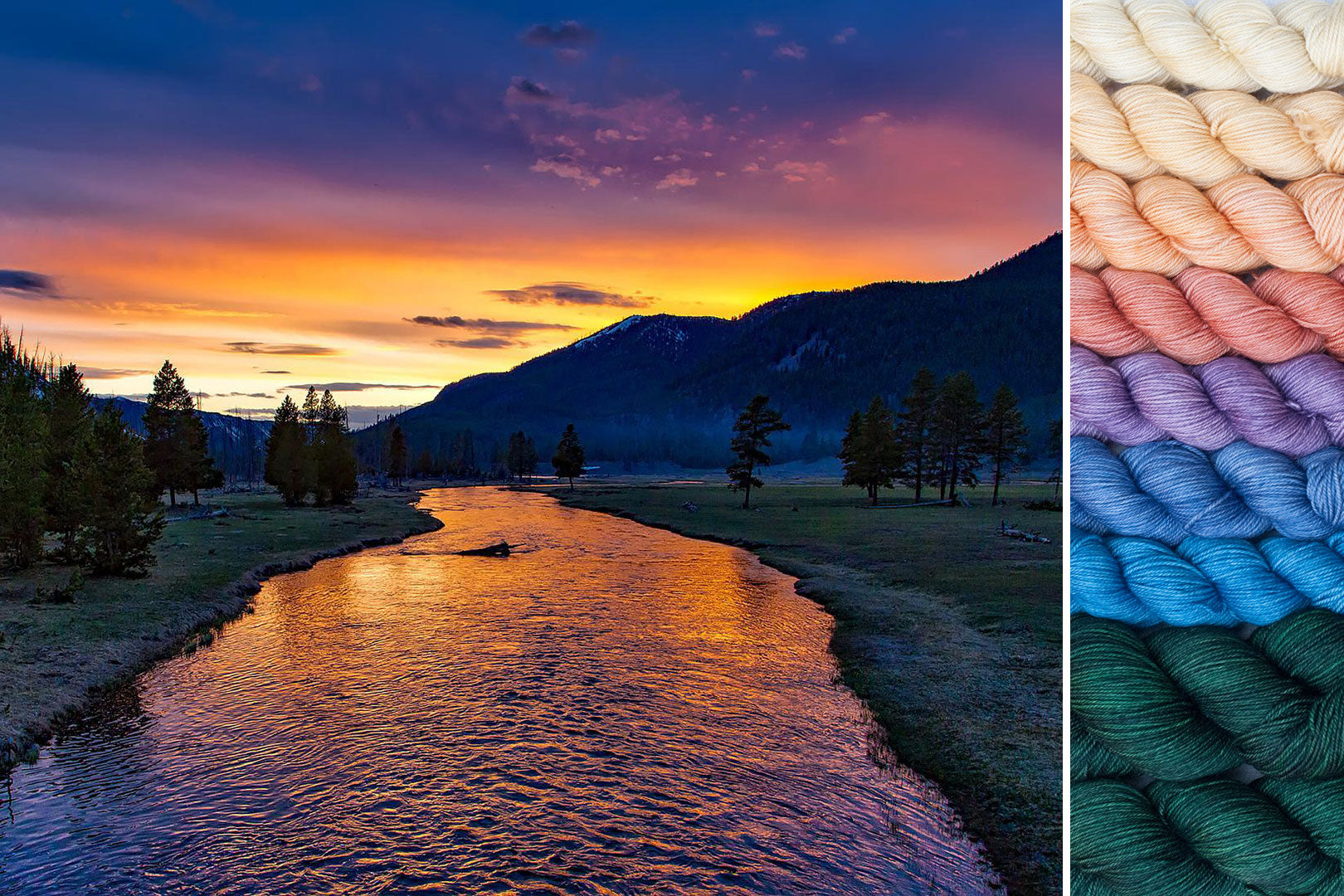 Collage with inspiration image (sunset over dusky green mountains reflected in a river in the foreground) contrasted with resulting gradient set