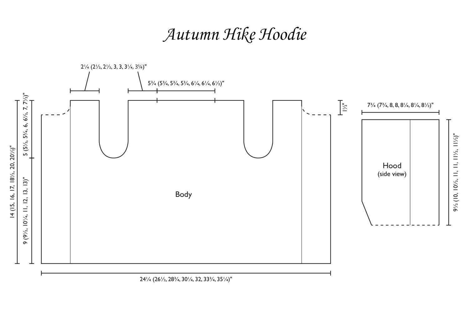 Detailed schematic line drawing with dimensions for hoodie