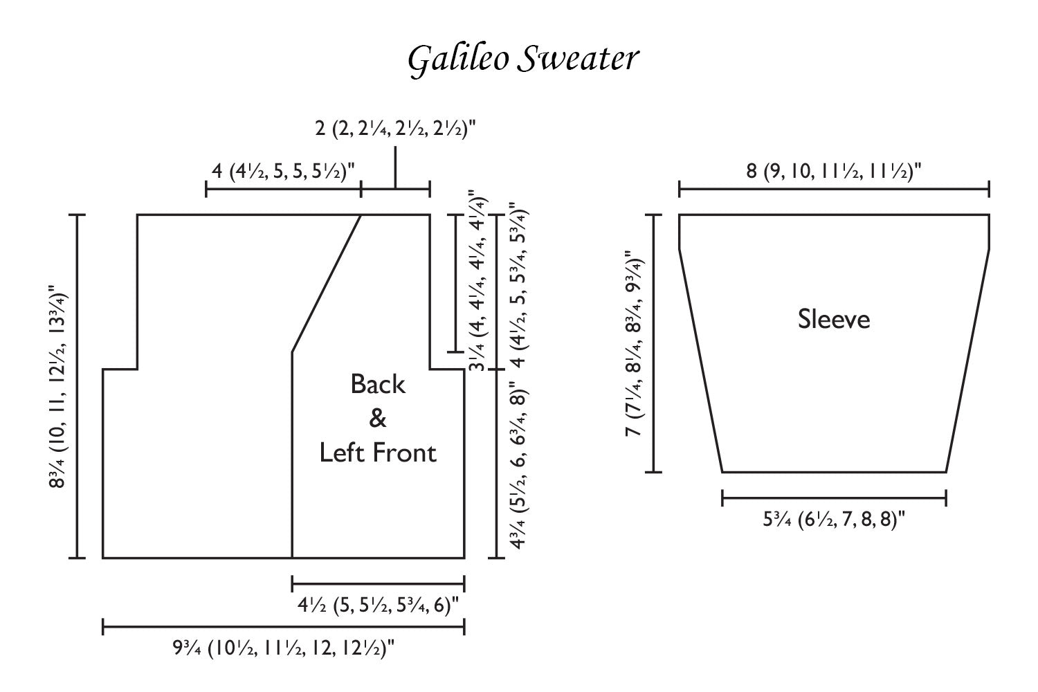 Detailed schematic line drawing with dimensions for baby cardigan