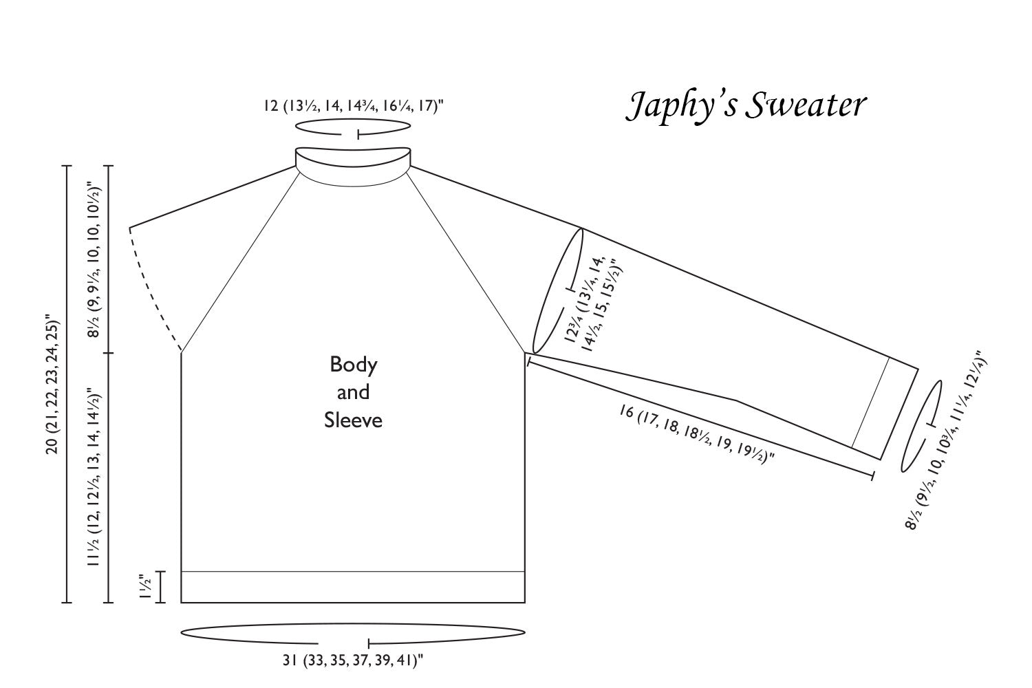 Detailed schematic line drawing with dimensions for Japhy's Sweater pattern
