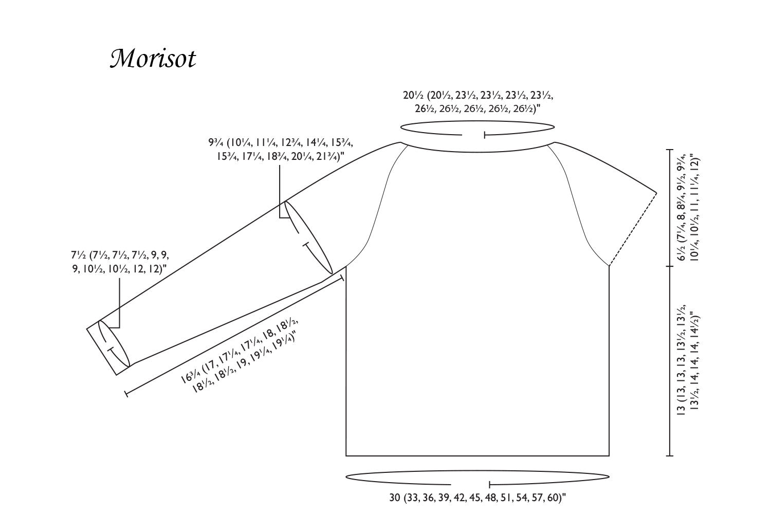 Detailed schematic line drawing with dimensions for Morisot sweater