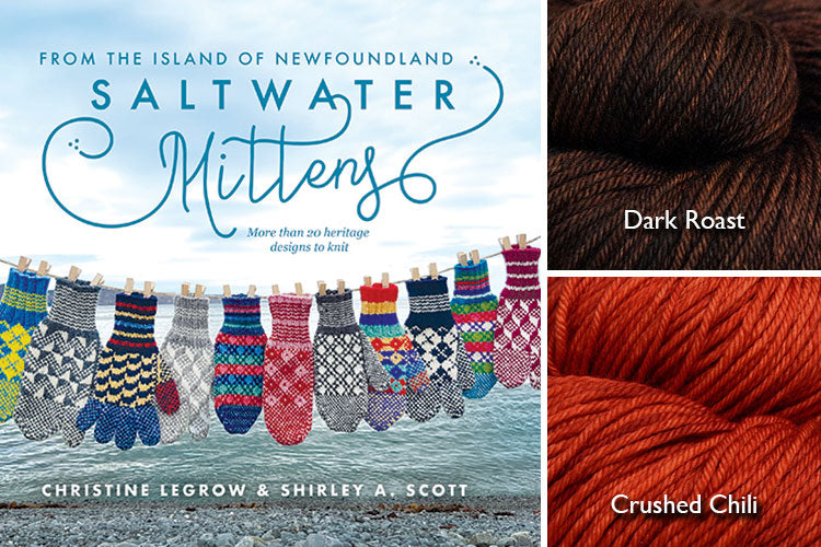 Saltwater Mittens book with dark brown and rich orange hand-dyed yarn