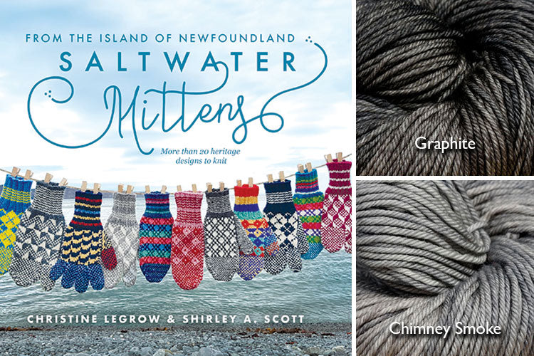 Saltwater Mittens book with light grey and dark grey hand-dyed yarn