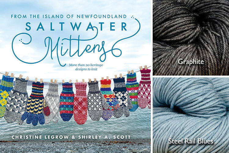Saltwater Mittens book with light blue and dark grey hand-dyed yarn