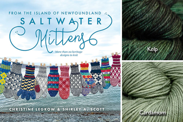 Saltwater Mittens book with sage green and dark green hand-dyed yarn