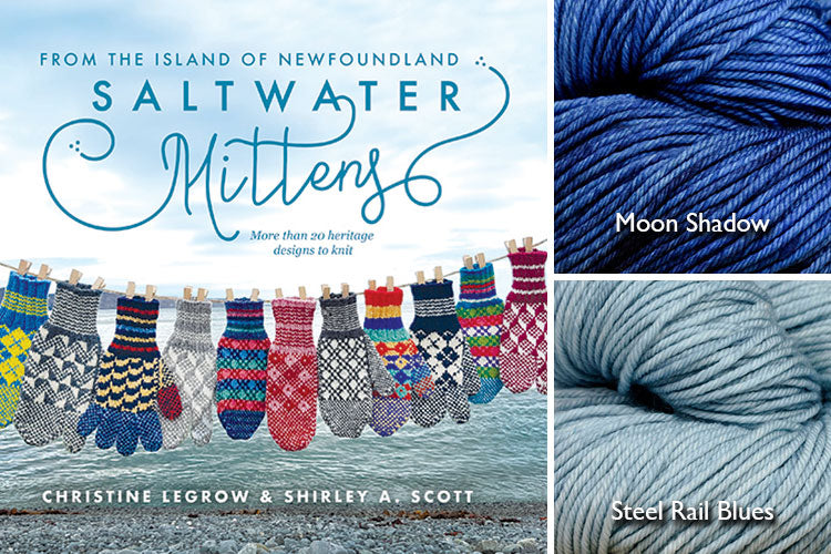 Saltwater Mittens book with light blue and dark blue hand-dyed yarn