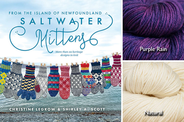 Saltwater Mittens book with rich purple and natural hand-dyed yarn