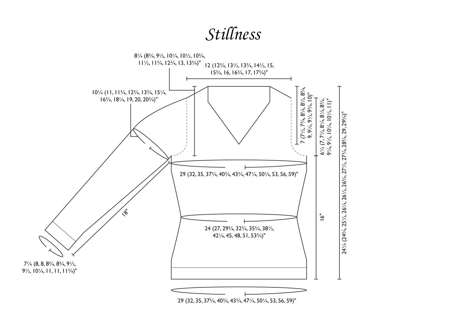 Detailed schematic line drawing with dimensions for sweater