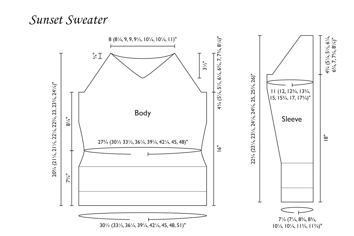 Detailed schematic line drawing with dimensions for Sunset Sweater