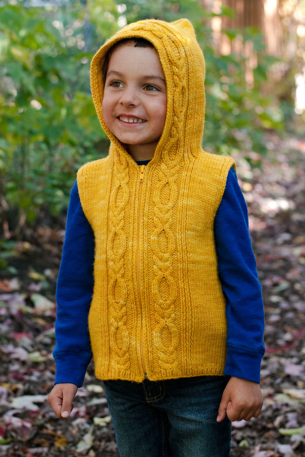 Autumn Hike Hoodie cabled kid's vest knitting pattern