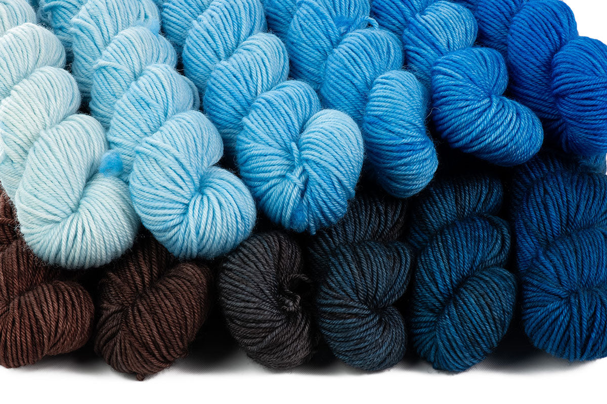 Crescendo hand-dyed gradient yarn set combination: Delta Blues + Gaia