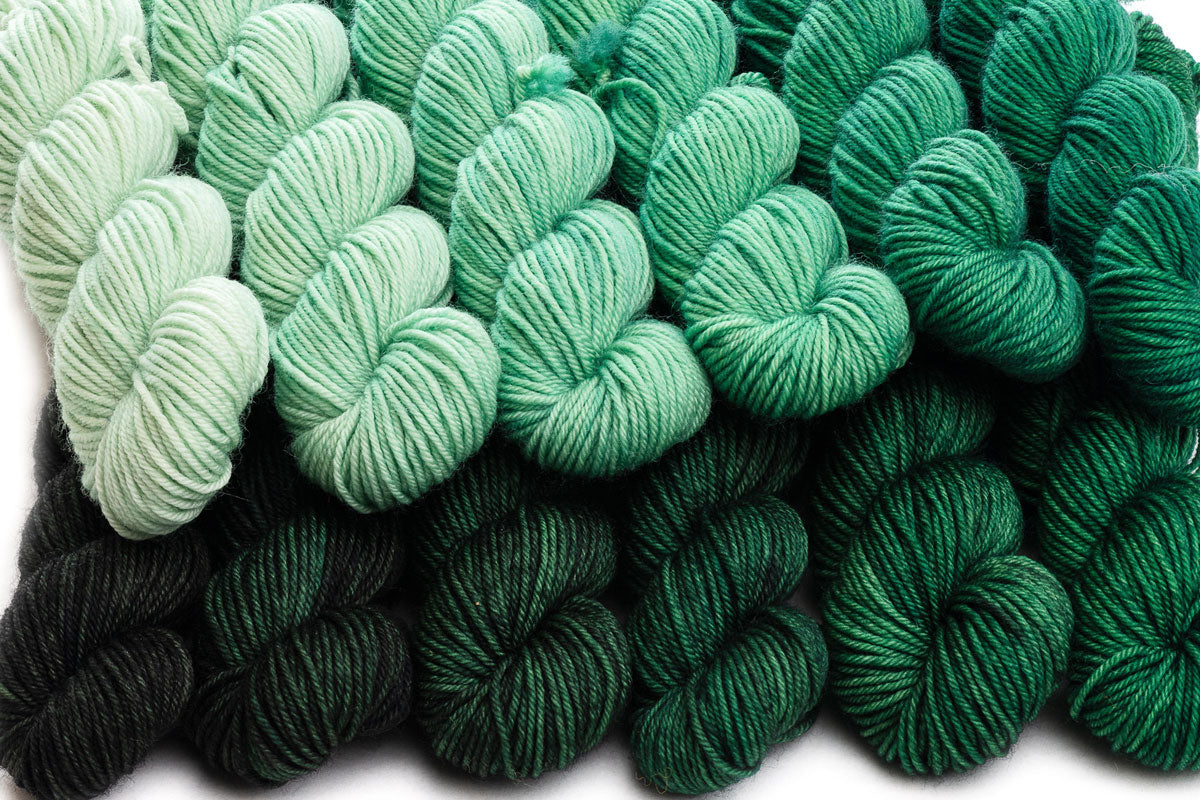 Crescendo hand-dyed gradient yarn set combination: Wintergreen + Black Spruce