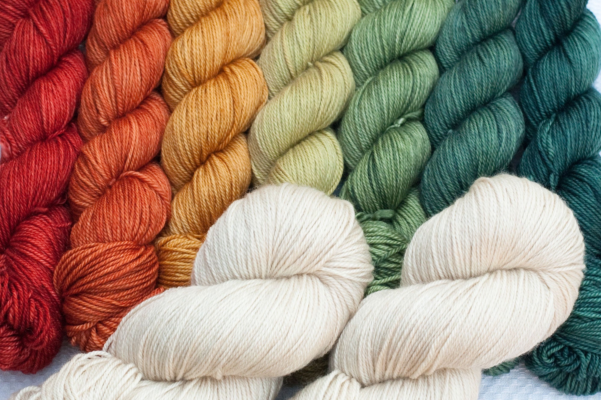 mountain musing mkal hand-dyed yarn set with cream main colour and autumnal gradient contrast set