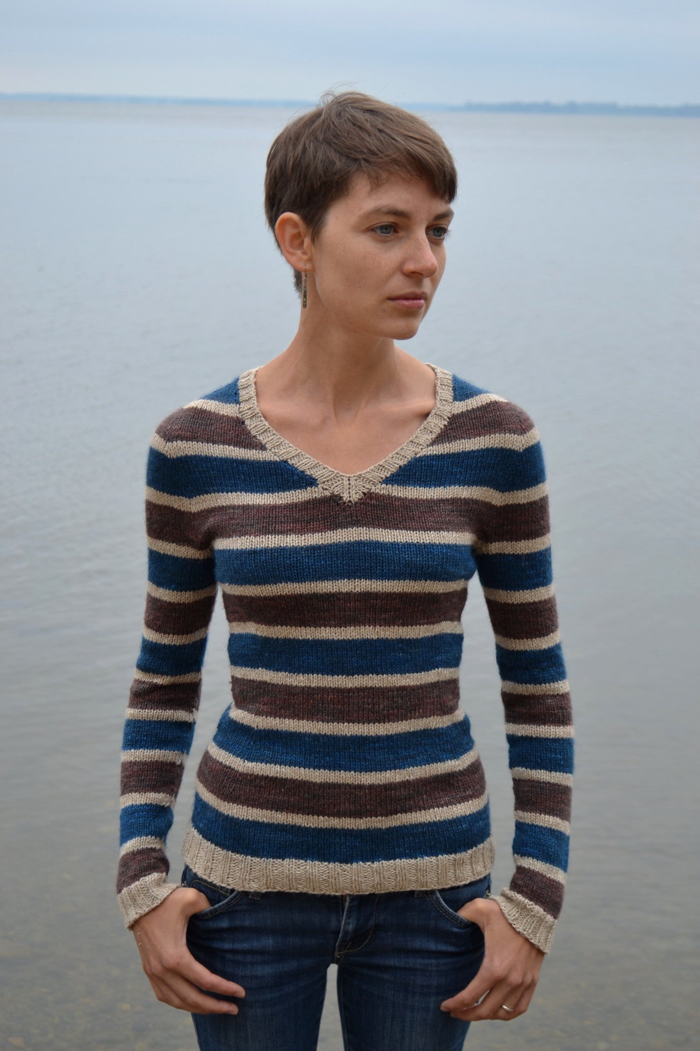 Stillness top-down striped knit pullover